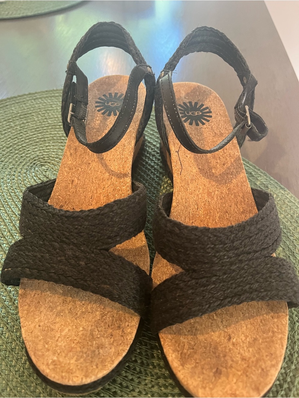 UGG Braided Black Two Strap Slingback Cork Wedge Heeled Sandal Open Toe Sz. 7.5
